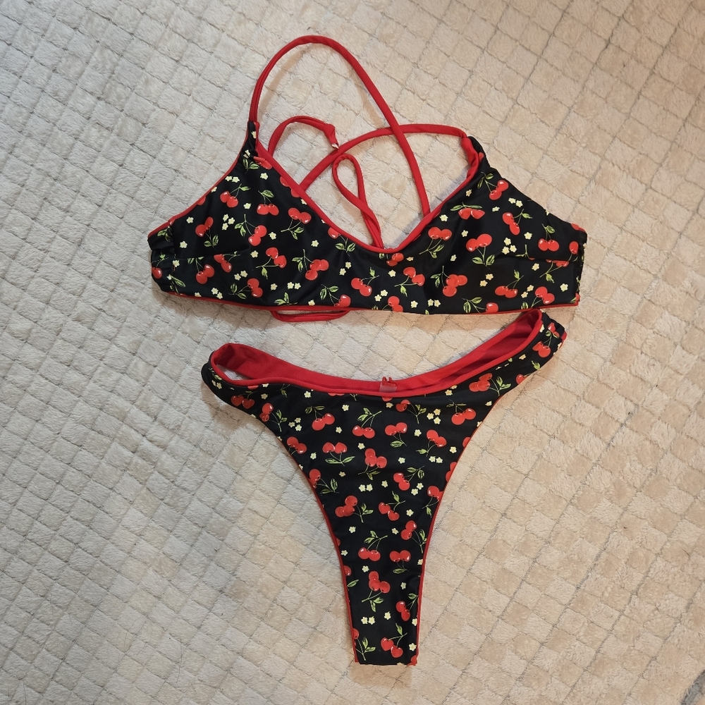 NWOT Cherry Print Thong Bikini Set